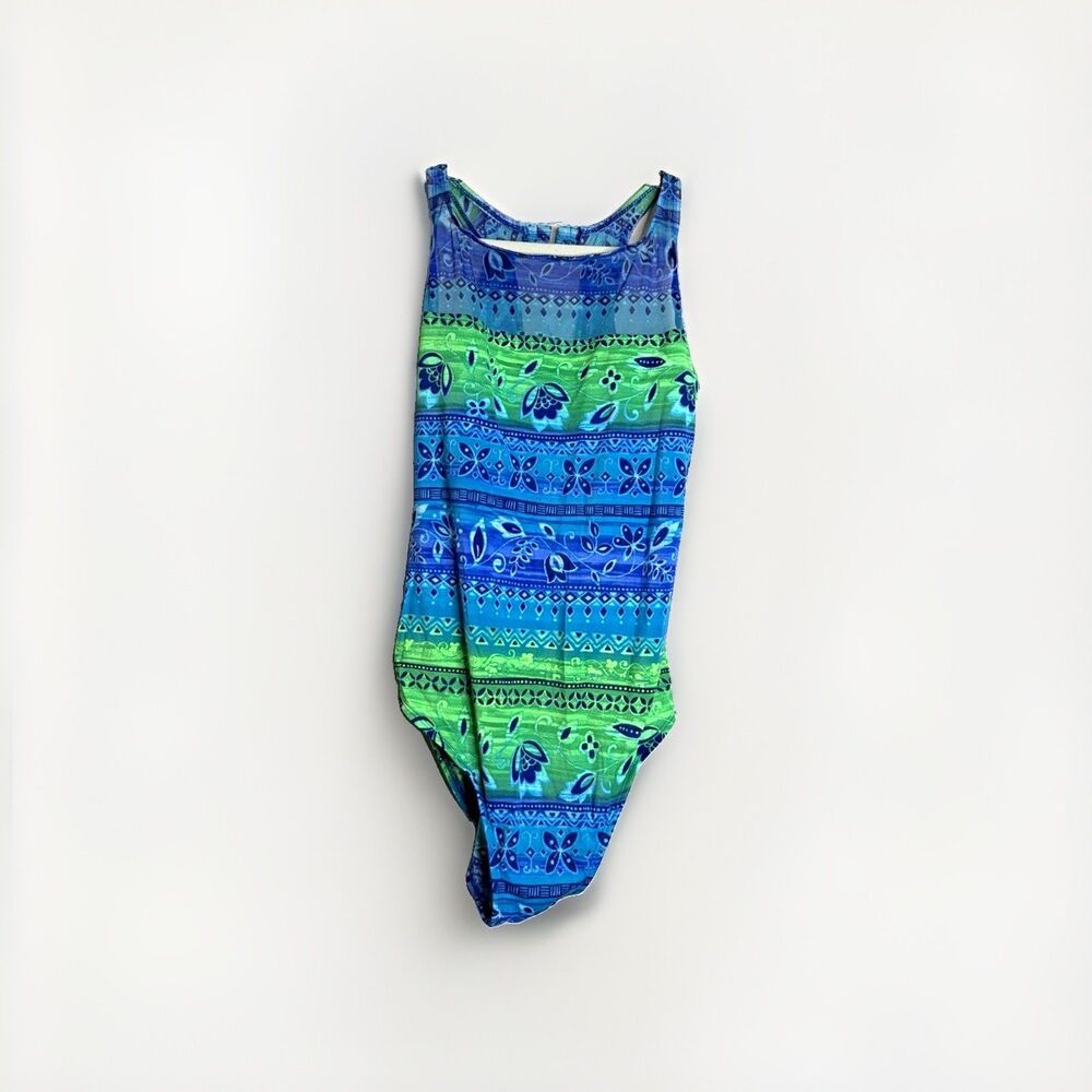 Kathy Ireland Womens One Piece Swimsuit Blue Green Geometric Lined Size 22W